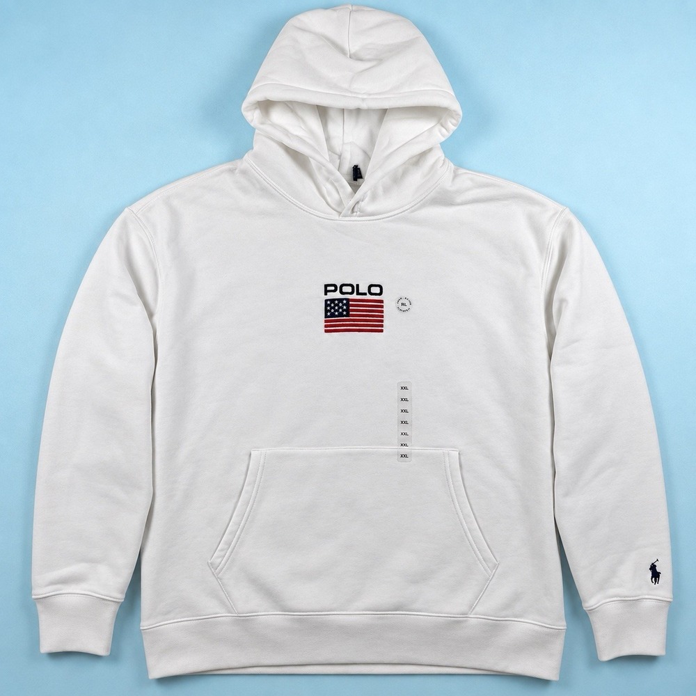 NWOT Polo Ralph Lauren USA Fleece Hoodie Mens XXL White American Flag Pony 2XL